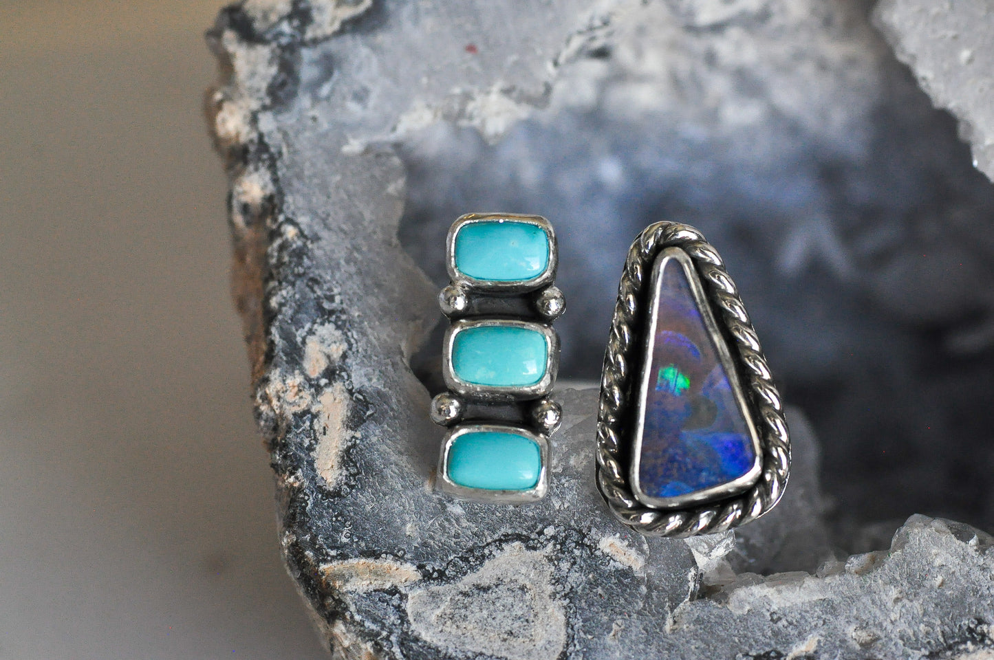 Australian Boulder Opal and Lone Mtn Turquoise Ring Size 8-9.5