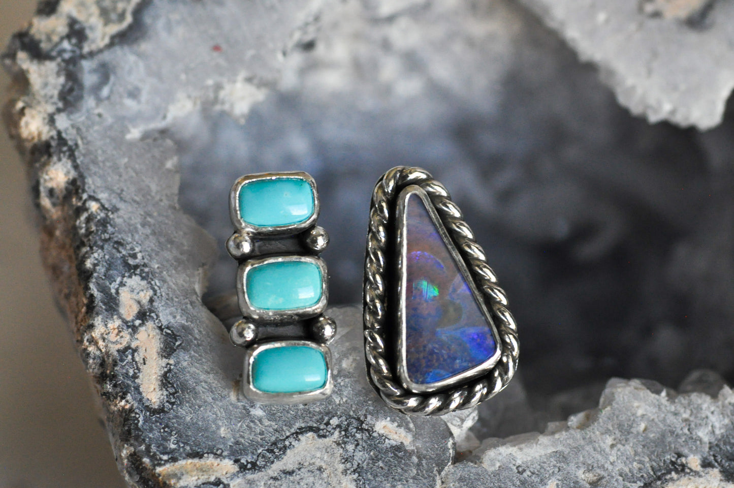 Australian Boulder Opal and Lone Mtn Turquoise Ring Size 8-9.5