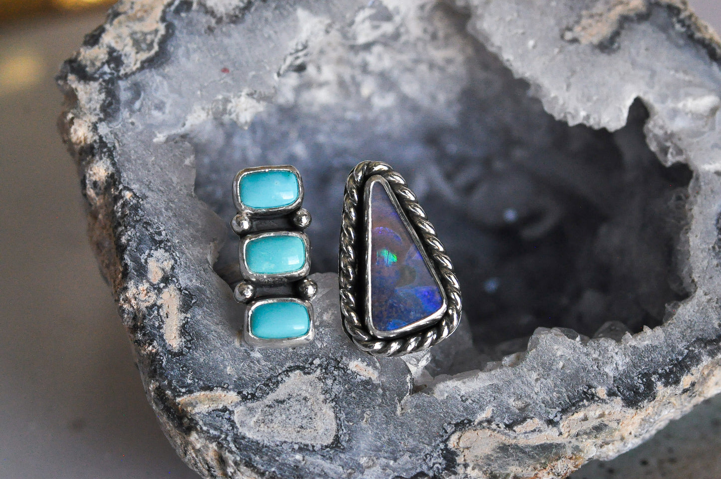 Australian Boulder Opal and Lone Mtn Turquoise Ring Size 8-9.5