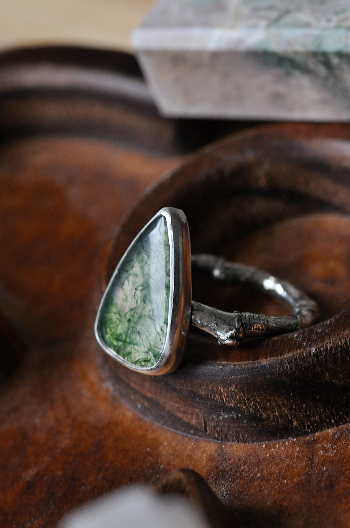 Teardrop Moss Agate Twig Ring Size 8