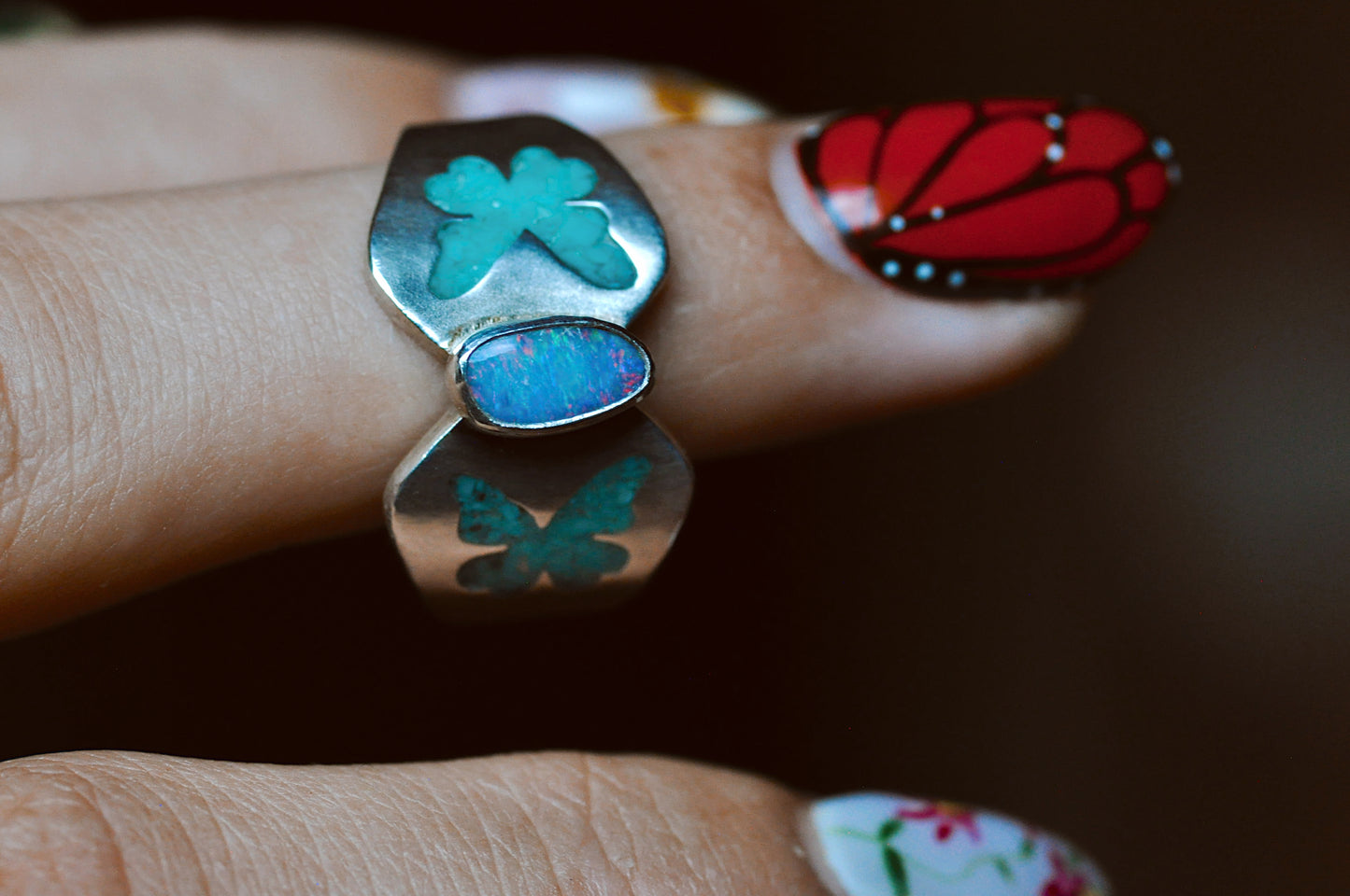 Butterfly Australian Opal Doublet and Turquoise Ring Size 7.75-8.25