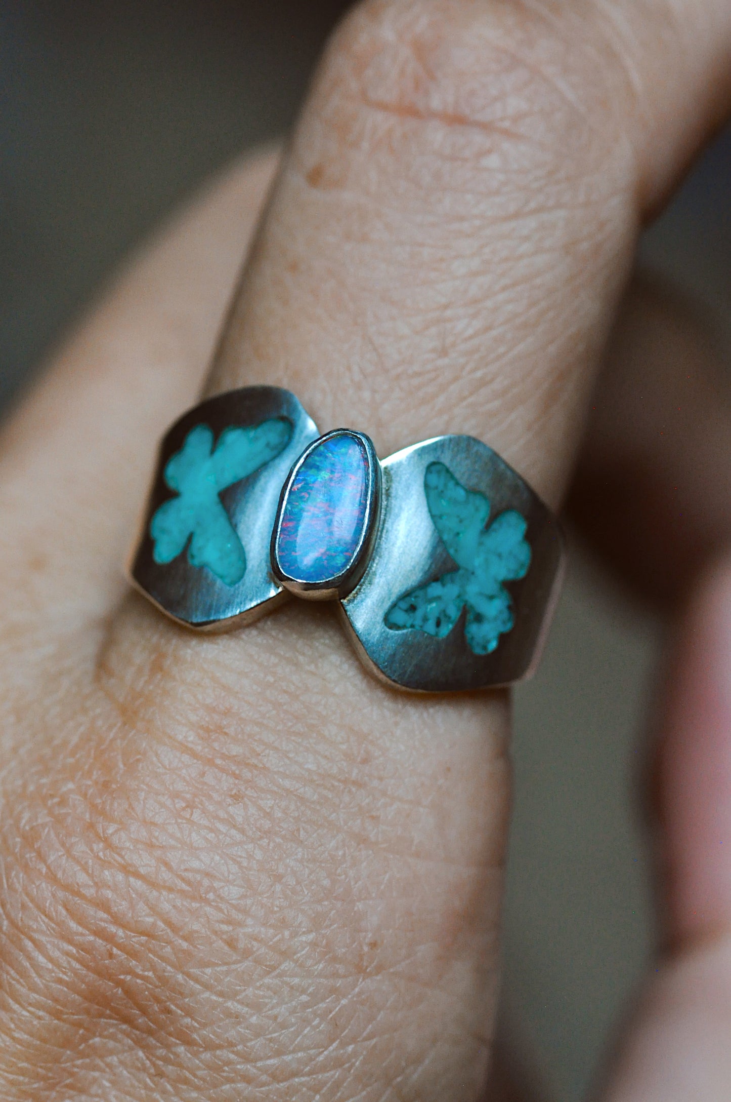 Butterfly Australian Opal Doublet and Turquoise Ring Size 7.75-8.25