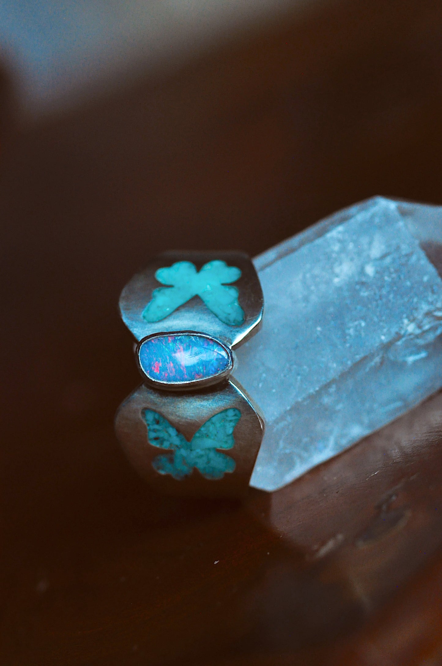 Butterfly Australian Opal Doublet and Turquoise Ring Size 7.75-8.25