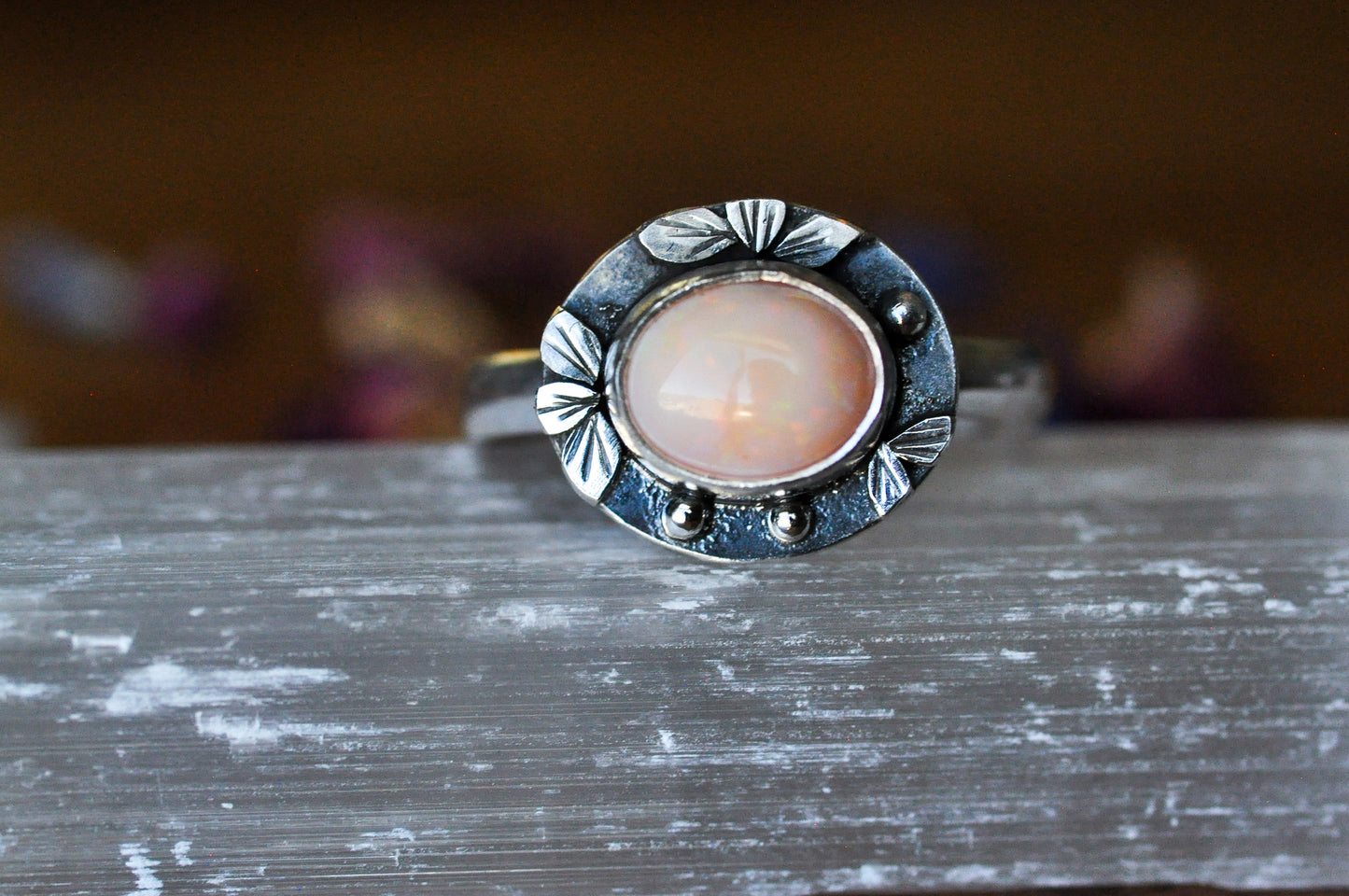 Coral Pink Mexican Opal Ring Size 6