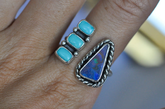 Australian Boulder Opal and Lone Mtn Turquoise Ring Size 8-9.5