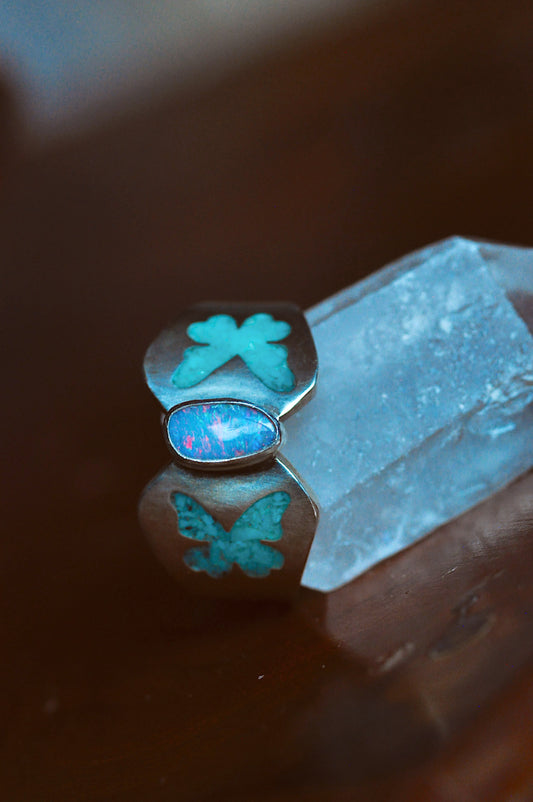 Butterfly Australian Opal Doublet and Turquoise Ring Size 7.75-8.25