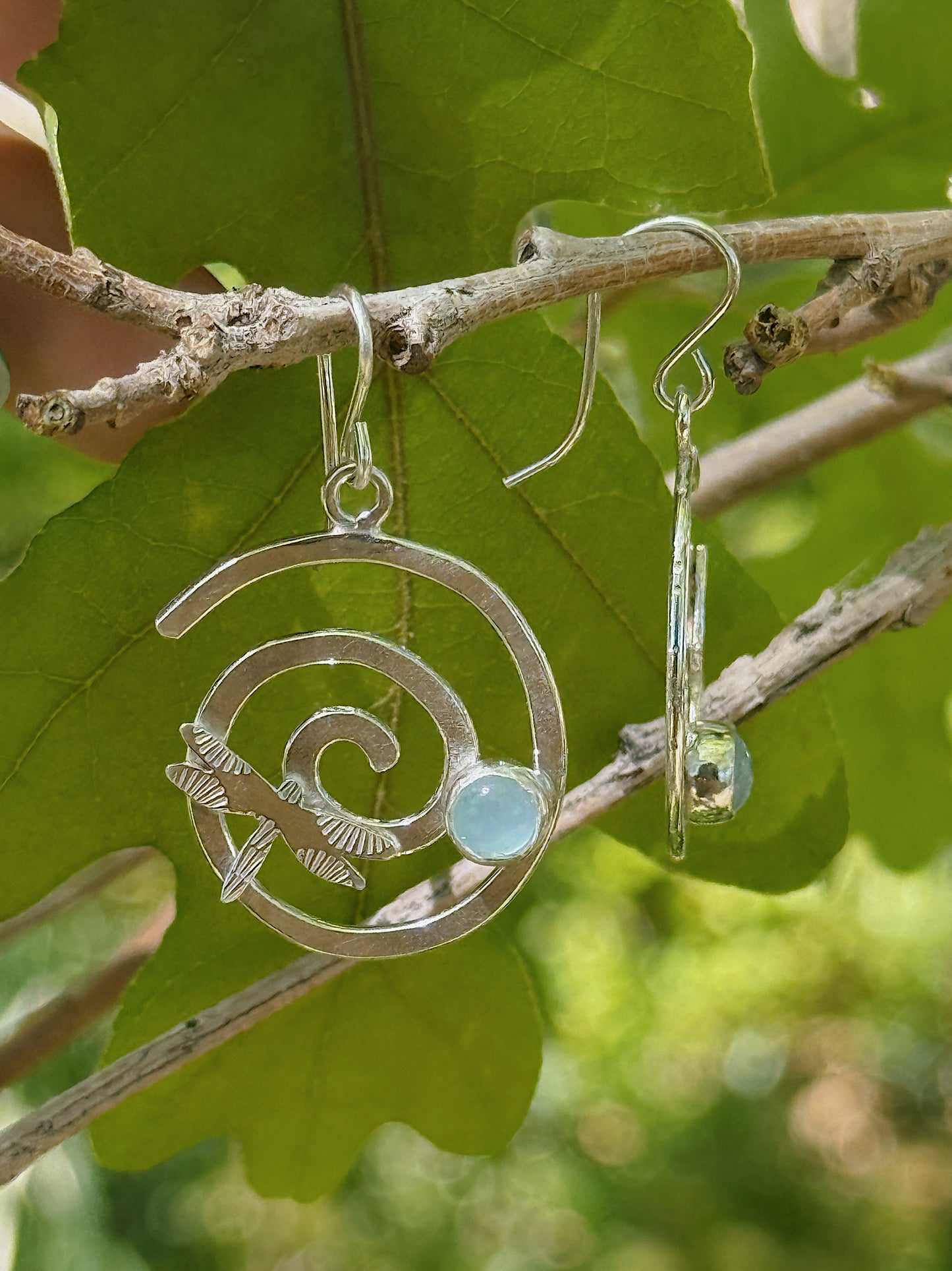 Aquamarine Dragonfly Spiral Earrings