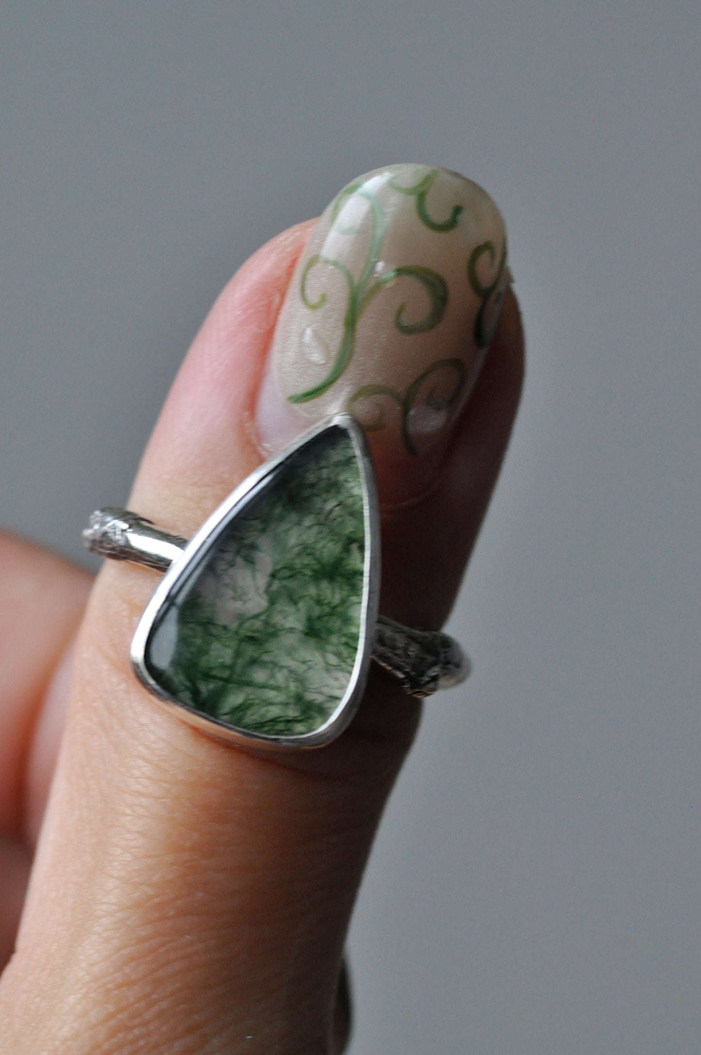 Teardrop Moss Agate Twig Ring Size 8