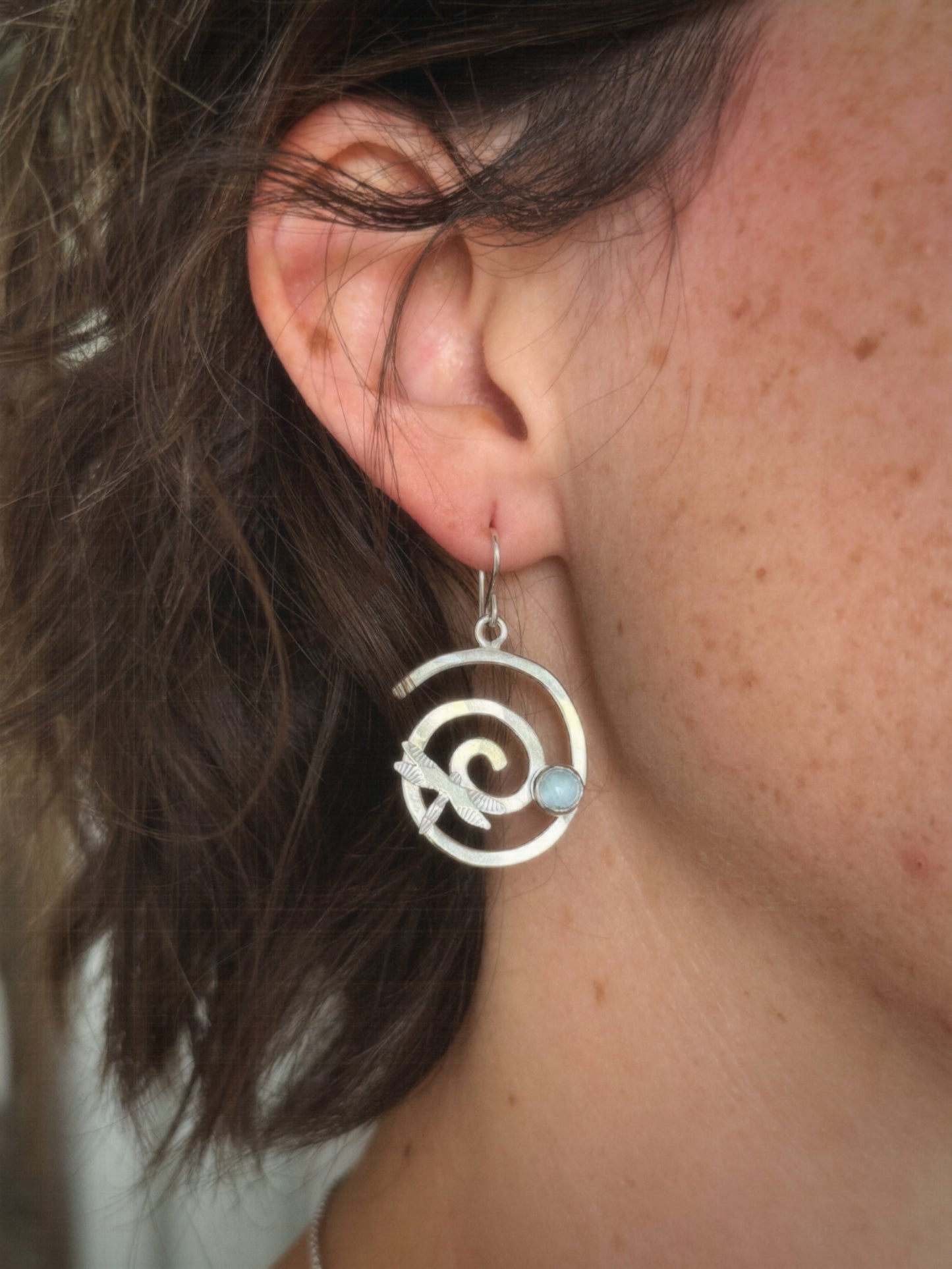 Aquamarine Dragonfly Spiral Earrings